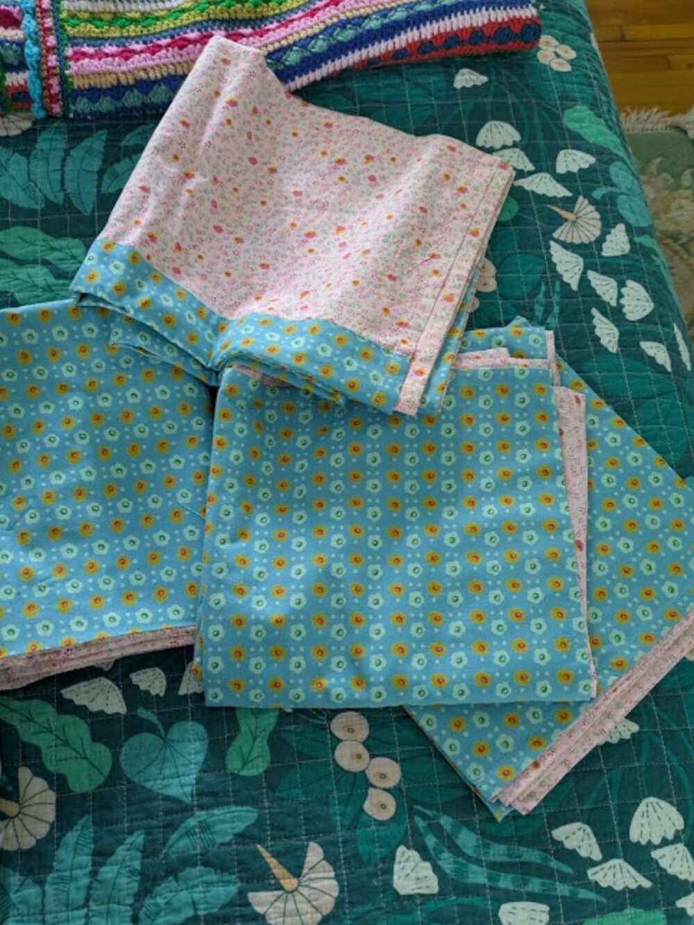 LAND OF NOD Set of 4 Curtain Panels 44x84 Pink Blue Floral Crate & Barrel Cotton